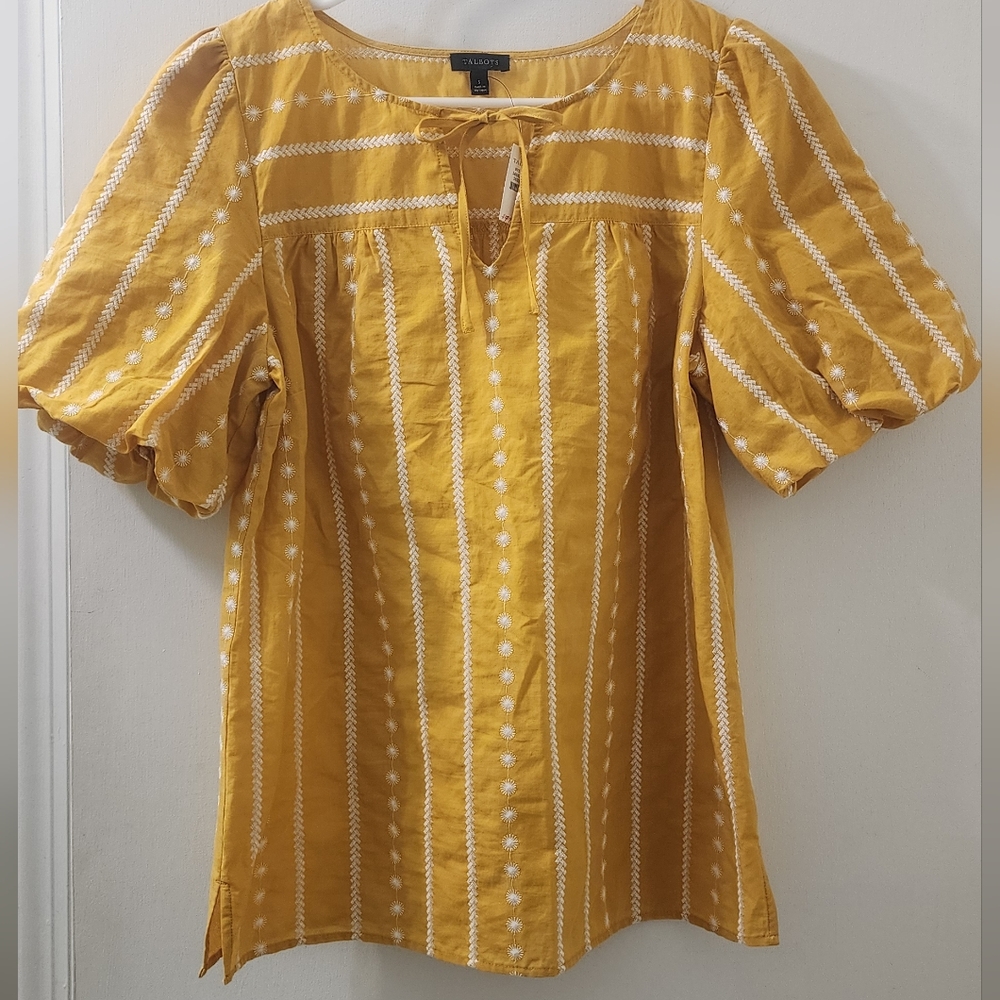 New Talbots Yellow Embroidered Women's Top, Size S, 100 % Cotton.